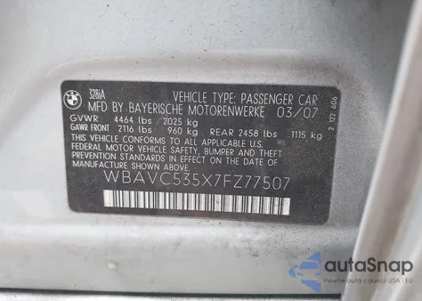 2007 BMW 328I из США, поврежденный, VIN WBAVC535X7FZ77507